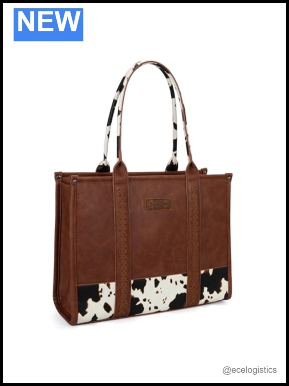Faux Leather Cow Print Tote Bag with Top Handle and Whipstitch, Large Designer